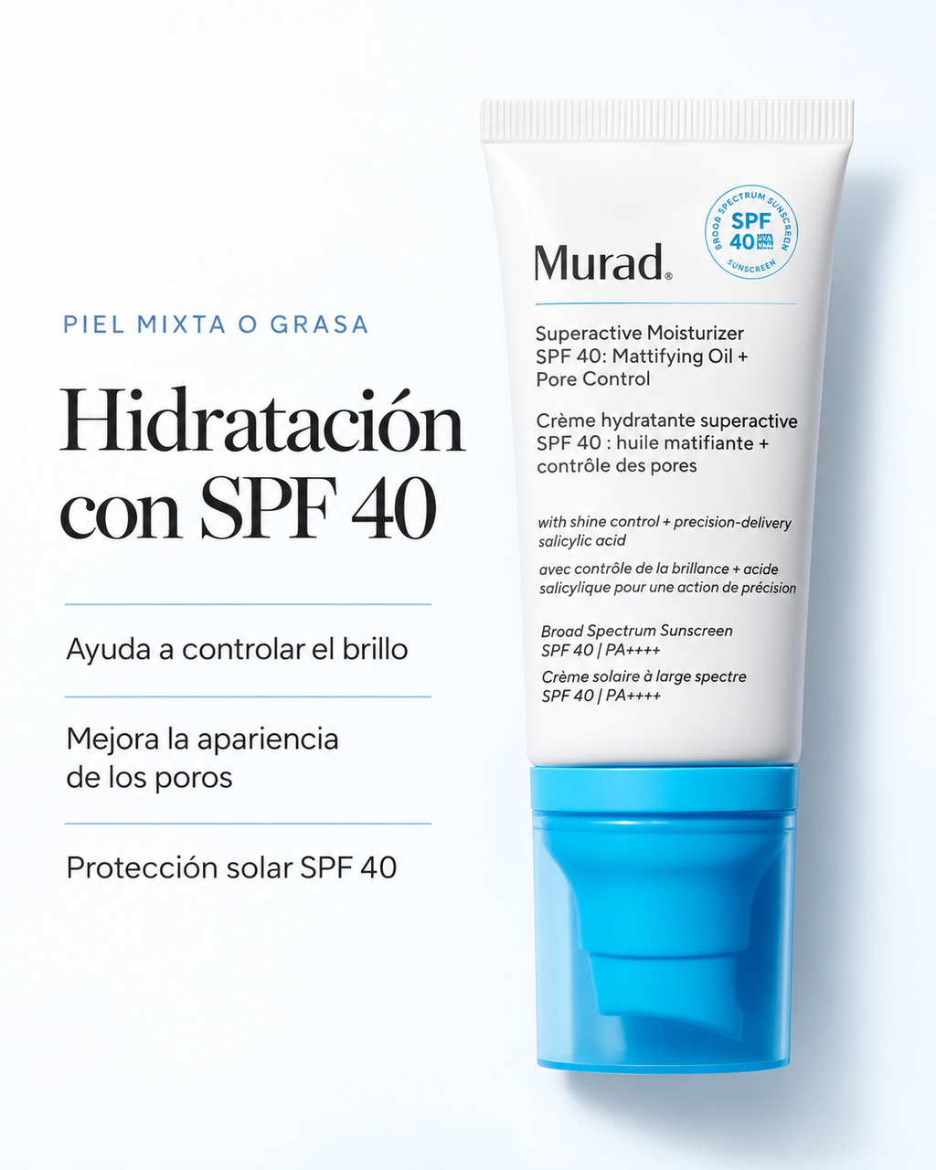 Murad Superactive Moisturizer SPF 40 PA++++ | Hidratante matificante para grasa y poros  Descripción: